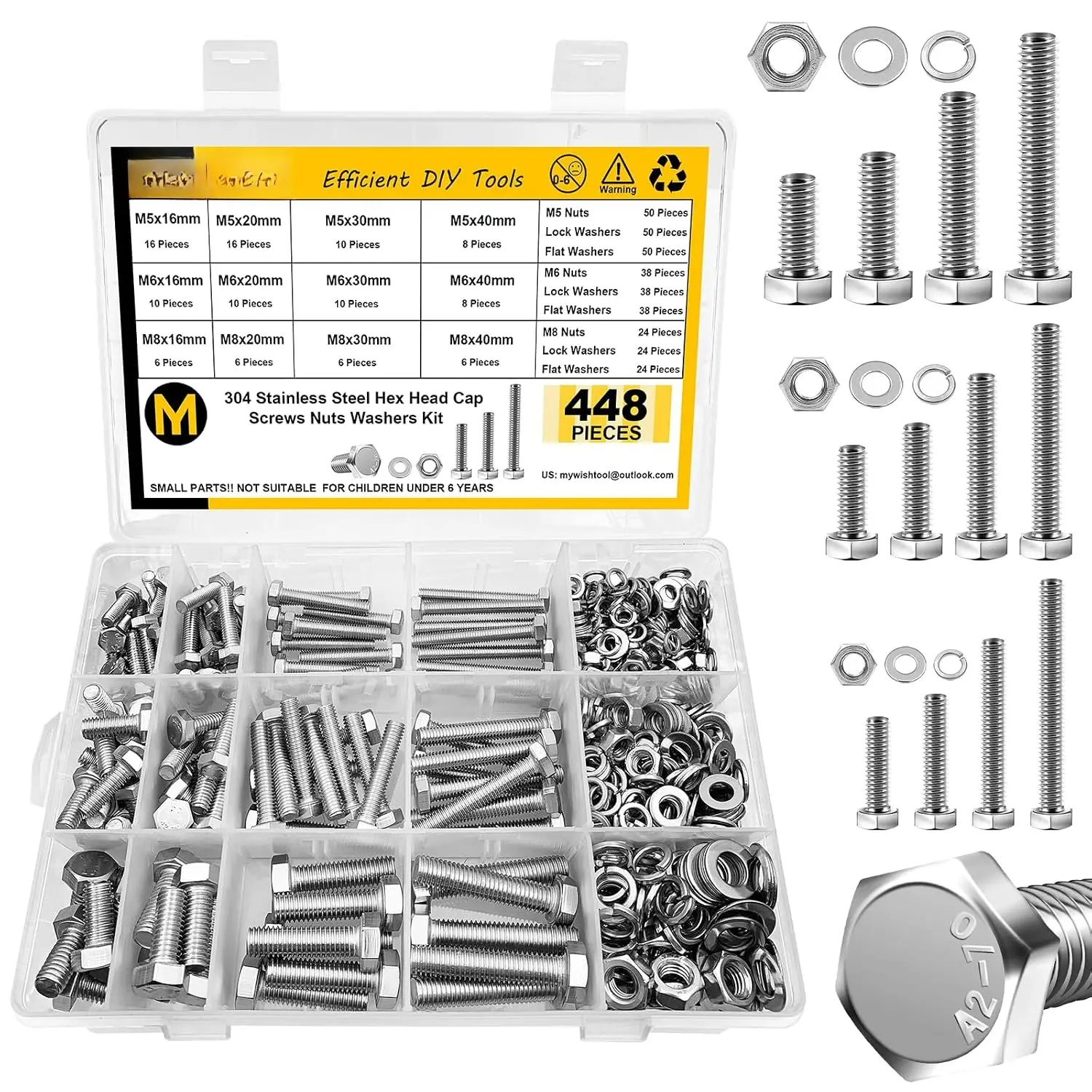 448 count M5 M6 M8 Screw Set, Metric Bolt , 304 Stainless Steel, Nuts and  Set Flat & Spring Washers, Hex  Cap Screws  and Nuts Kit, Fully Thread