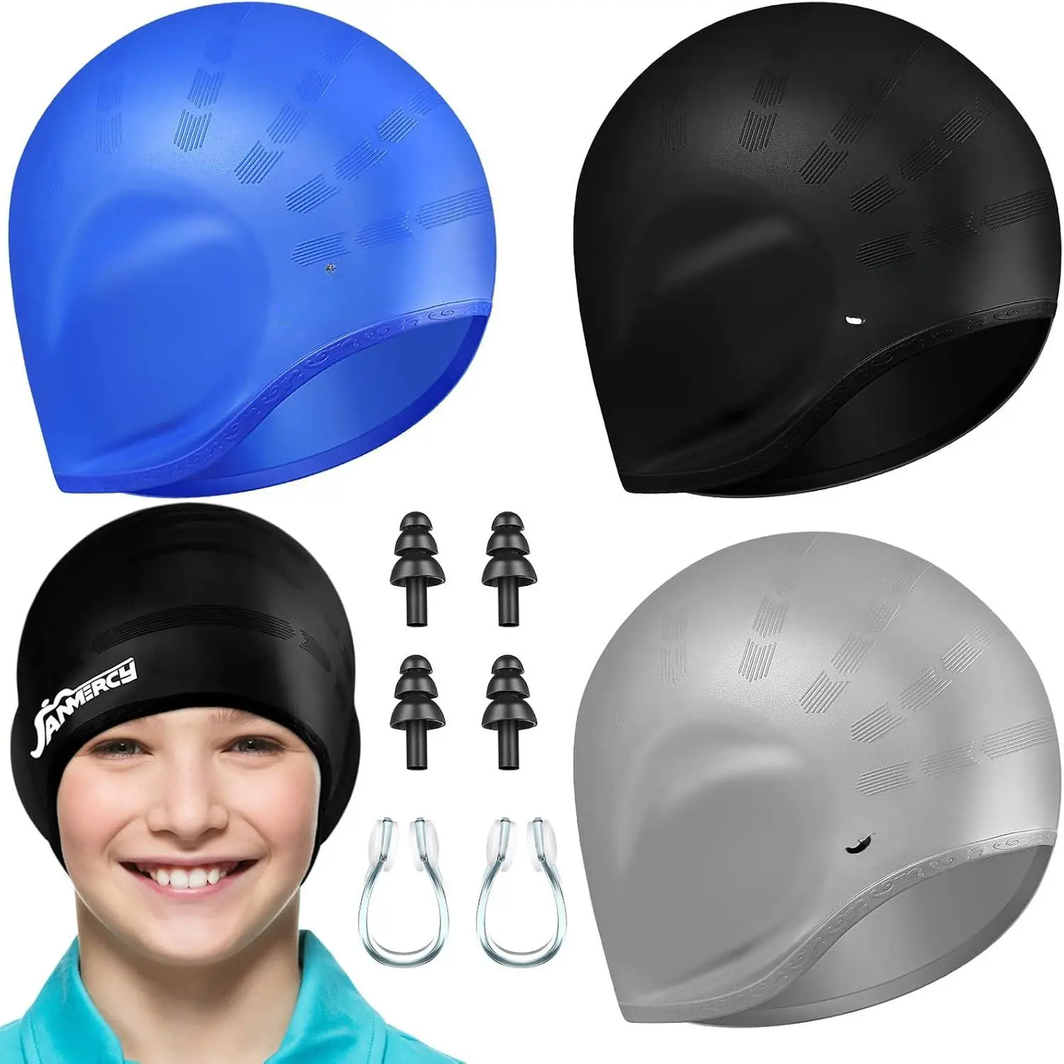 3 count Swim Caps for Boys Girls  Swimming Hat with  Ear Pockets for  6-15 Bath Hats Short/Long Hair with Ear Plug Nose Clip Supplies(Black, Blue, Grey)
