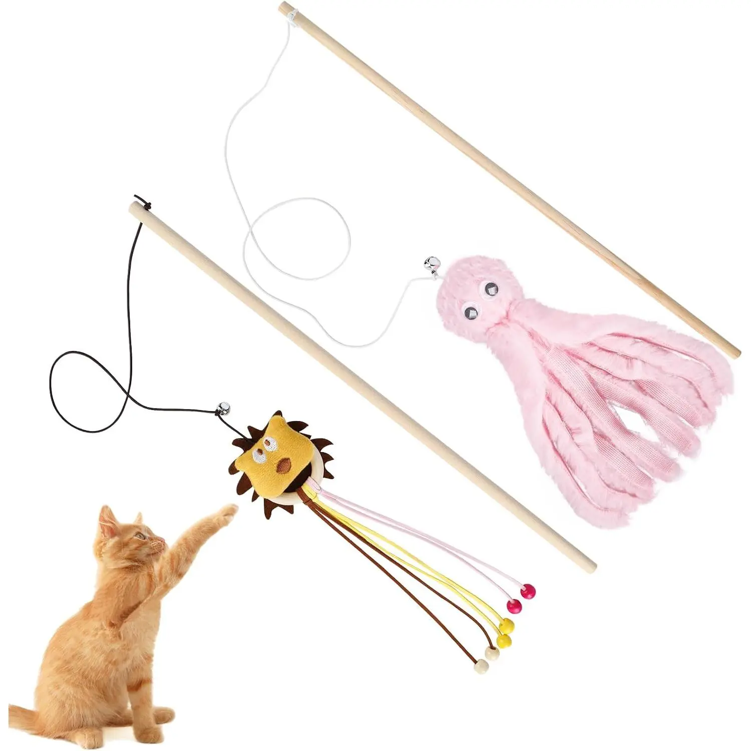 2-Pack   Wand Set: Interactive  Teaser Wands with Bells and Streamers to Engage Your ’s  Instincts ( and Octopus)