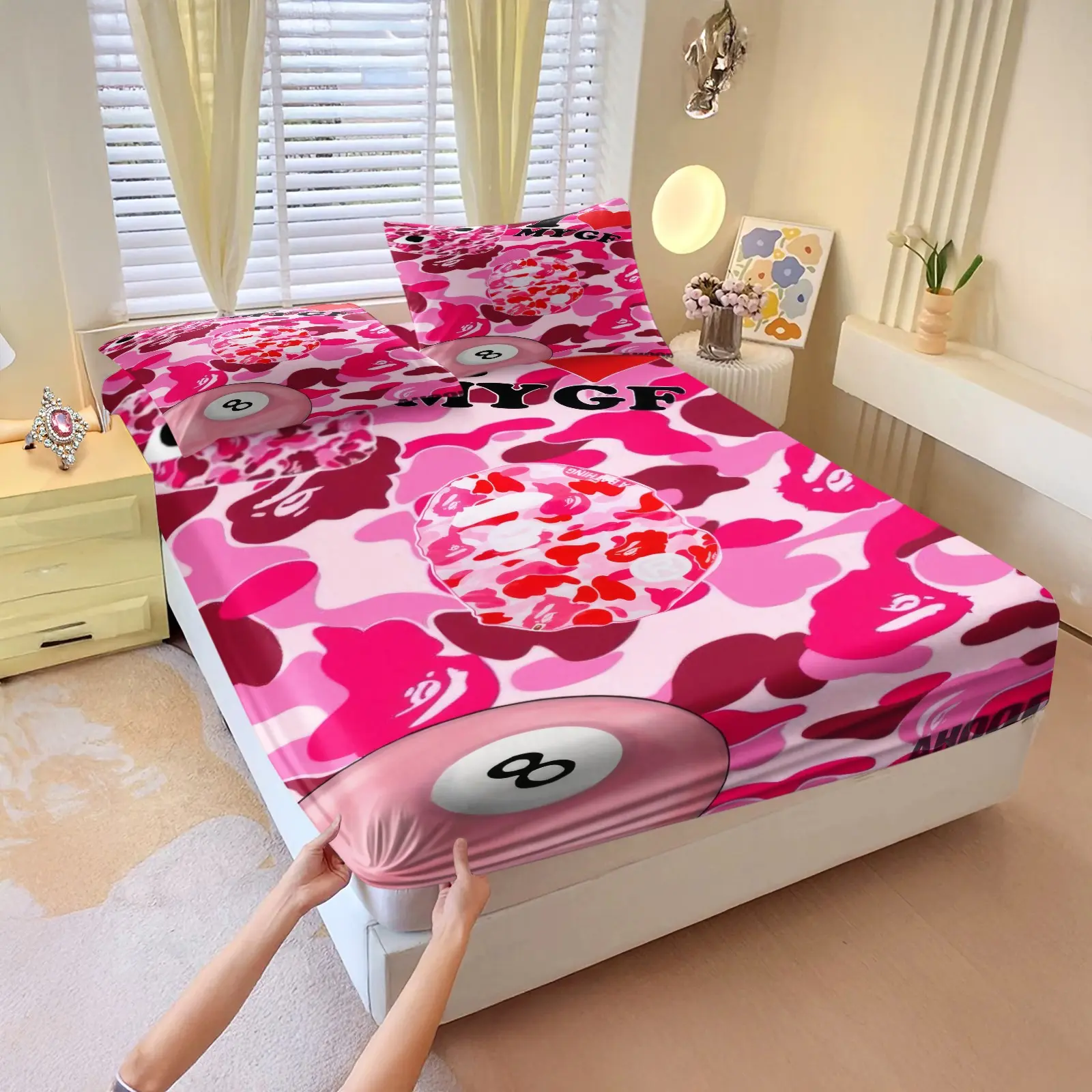 Y2K Pink Camo 8 Ball Graphic 3 Piece Set Fitted Sheet Set, Girls Bedding Set, Washable Fitted Sheet, Comfort Fitted Bed Sheet, High-Definition Digital Printing, No Filling for Guest Room, Bedroom