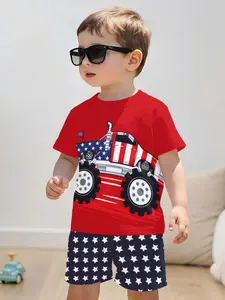 American Flag Monster Truck Print Kids Set, Boy Independence Day Short Sleeve Shorts Two-Piece, Casual Slim-Fitting Graphic Style