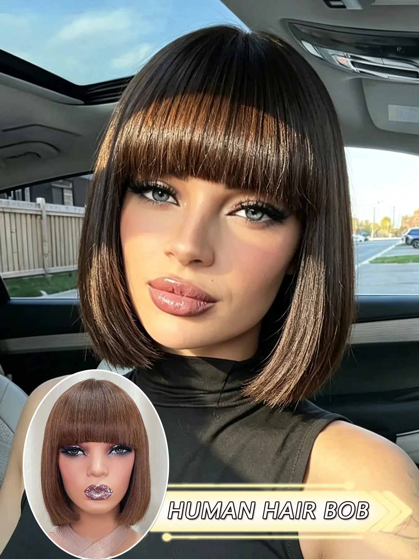 Human Hair Bob Wig with Bangs, 10 Inch Straight Blunt Cut Short Bob, Full Machine Made Construction, Natural-Looking Hair Density, Soft Real Human Hair Texture, Comfortable Secure Fit for Women’s Everyday Style