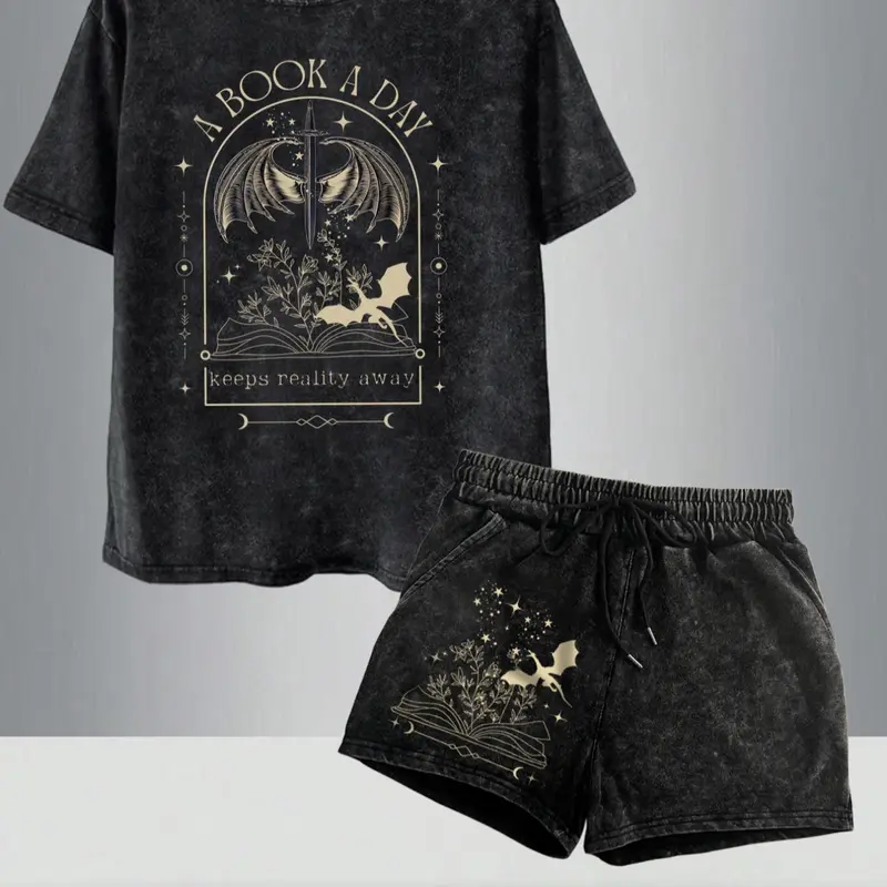 Two-Piece Set Women's Book & Moon Print Short Sleeve Tee & Shorts, Casual Round Neck T-shirt & Shorts for Daily Wear, Ladies Summer Clothes, Suits