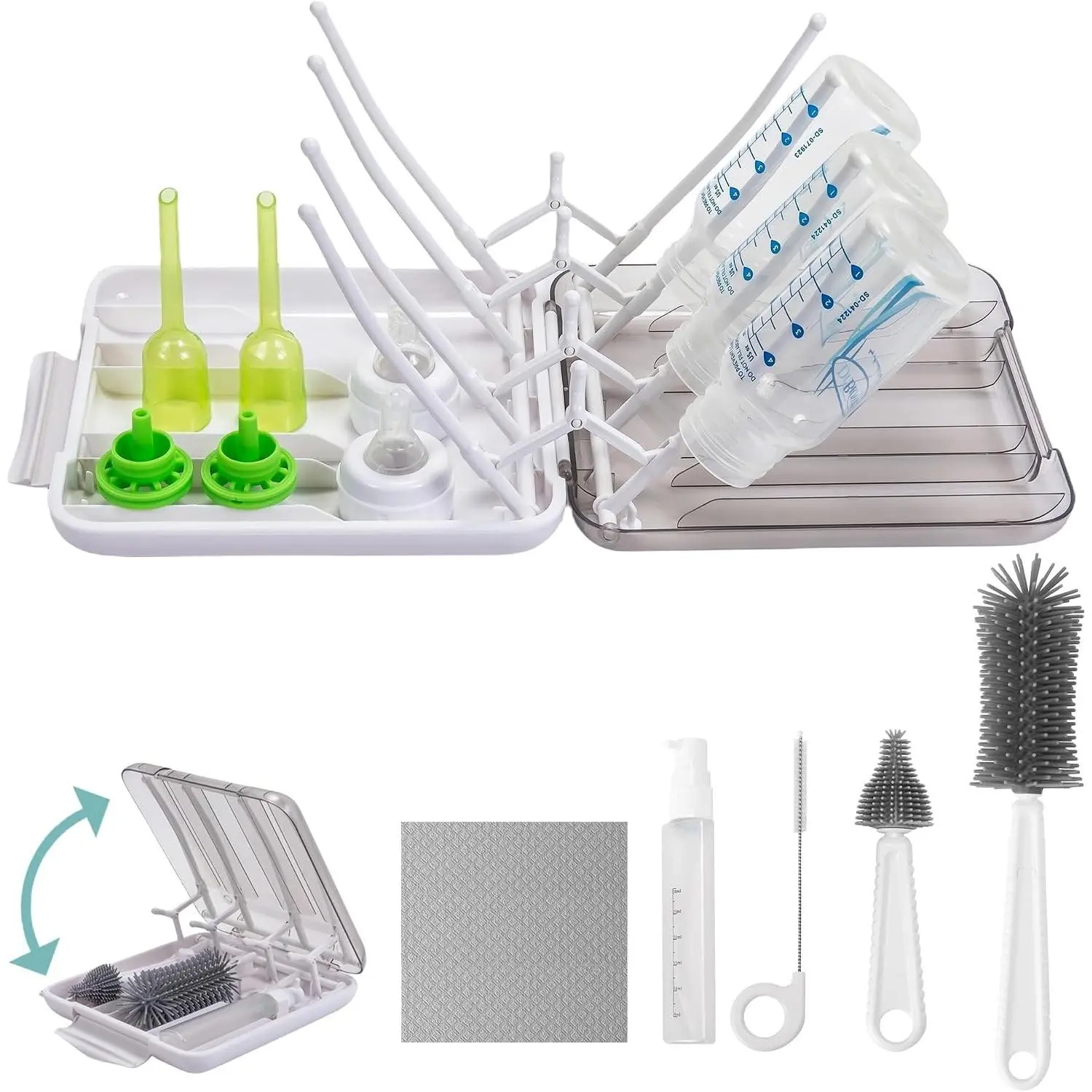 7-in-1 Baby Bottle Brush Travel Cleaning Kit with Soap Dispenser, Drying Rack & Dishcloths - Portable Essentials for Home and Travel, White(Gift)