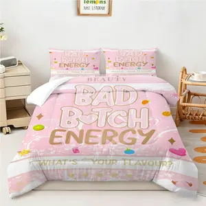 2/3Pcs Trendy Bad Bitch Energy Comforter Set, A Pink, Millennial-Style Bedding Set, Soft and Skin-Friendly Quilt, Quilted Design for Easy Care, Suitable for Girls' Dormitories, Bedrooms, and Apartments, Suitable for All Seasons (Without Pillow Core).