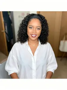Headband Wig Human Hair Deep Wave 12 Inches None Lace Front Wig Human Hair Machine Made Wigs 150% Density Headband Curly Human Hair Wigs for Women Natural Color Half wig Kinky Curly Wig Natural Wavy Curly