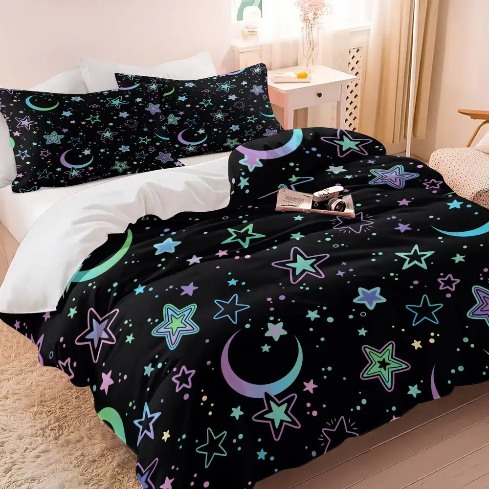 2/3Pcs Galaxy Bedding Set, Neon Moon and Star Duvet Cover Set, Soft Microfiber Bedding with Pillowcase, Aesthetic Celestial Room Decor for Kids Teens Bedroom, Lightweight Duvet Cover, Bedding Sets for Kids, Bed Set No Fillers