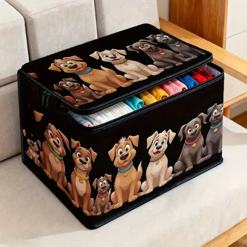 Foldable Zipper Storage Basket, Cute Puppy Print Fabric Box, Large Capacity Covered Wardrobe Organizer, Multi-Use Rectangular Bin, Fabric Storage Boxes