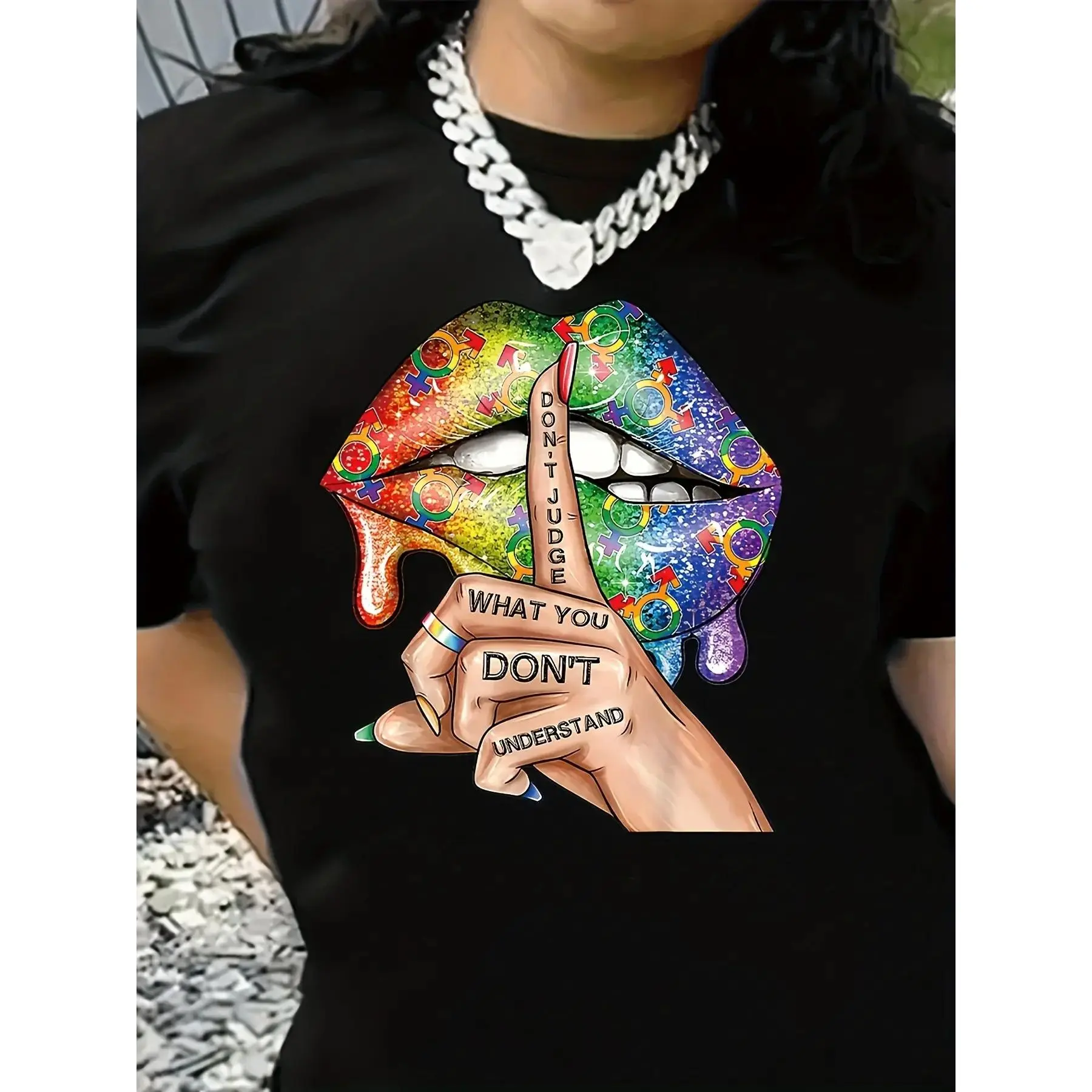 Women's Pride T-Shirt - Rainbow Moon Graphic, Short Sleeve Crew Neck, Cute LGBTQ Design, Birthday Gift Holiday Gift