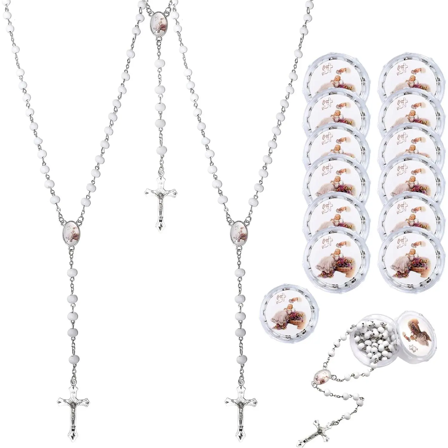 12 count Guardian  Angel White Bead Scented Rosaries For Baptism Gifts Girls Boys,Rosaries In Bulk For First Communion Party Favors Guests,Rosarios Catolicos 12 Pack Para Recuerdos De Bautizo