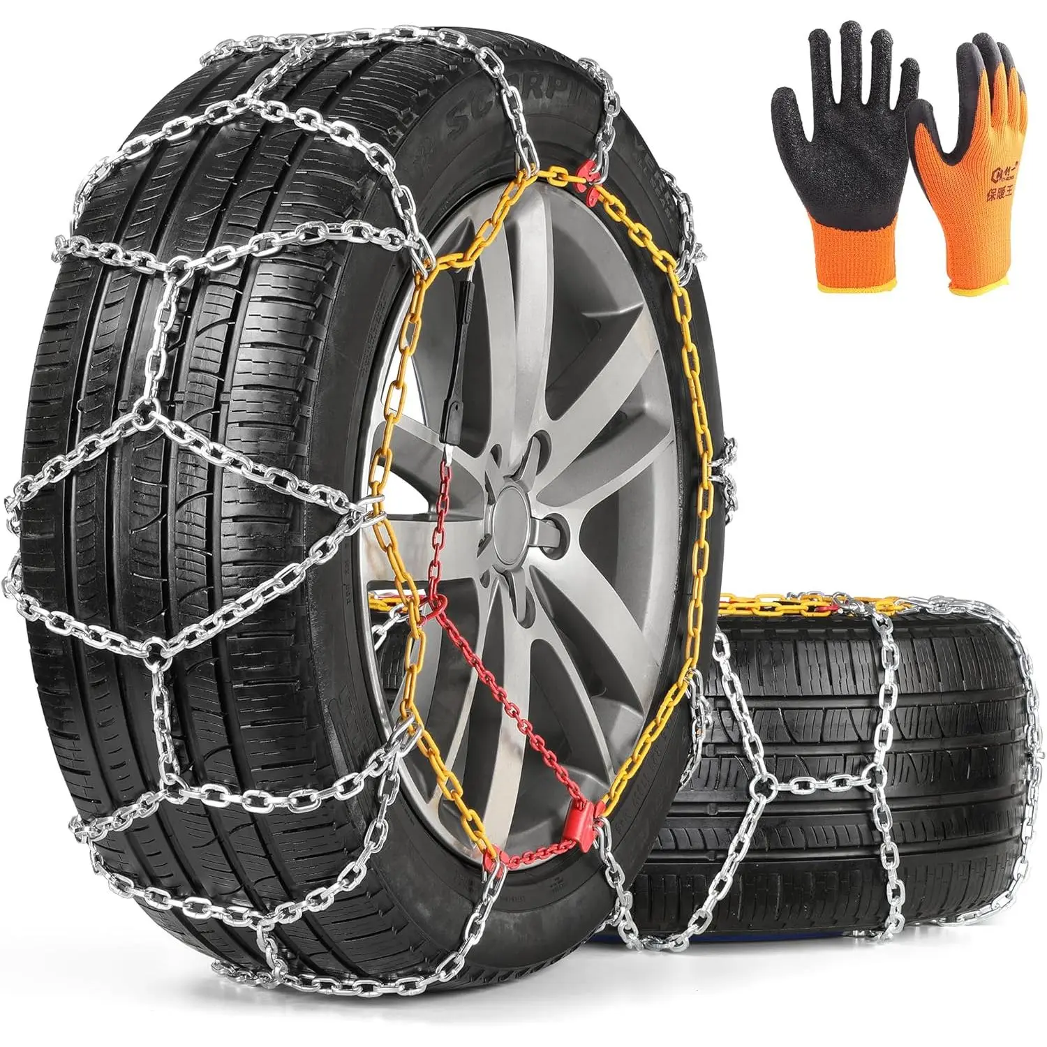 4WD-60 Snow Chains Set of 2 - Thick High-Carbon Steel Anti-Slip Tire Chains with Mesh Pattern, Full Coverage, 60 - 18.7Lb, for Light Pickups, SUVs, Compact Storage, Installation Gloves for Road Trips Traction, Tool-Free Install