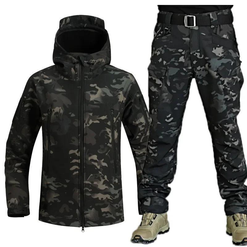 WinterThickedMenCamoSuitWaterproofTacticalSetMulti-pocketHoodedJacketFleecePantsOutdoor2-piece
