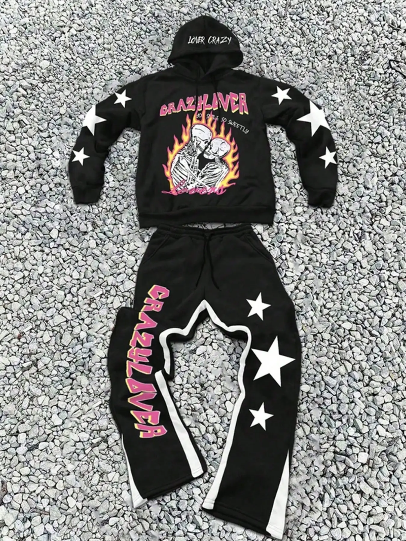 Y2K Gothic Skeleton Graphic Tracksuit Set Unisex Streetwear Star Sleeve Hoodie & Sweatpants 2 Piece Matching Couples Outfit