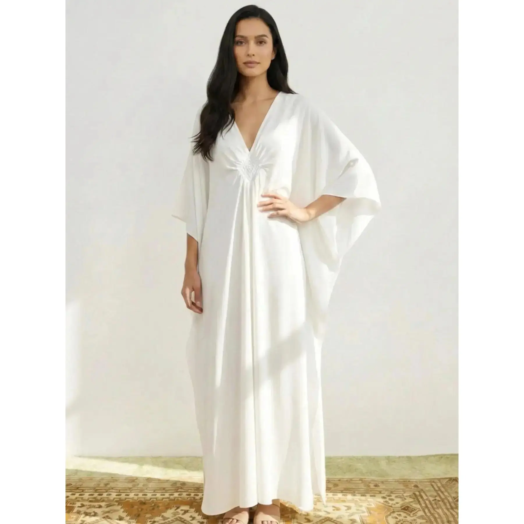 Women's Ruched Split Batwing Sleeve Kaftan Dress, Casual V Neck Long Dress for Summer, Women's Clothes for Vacation Party