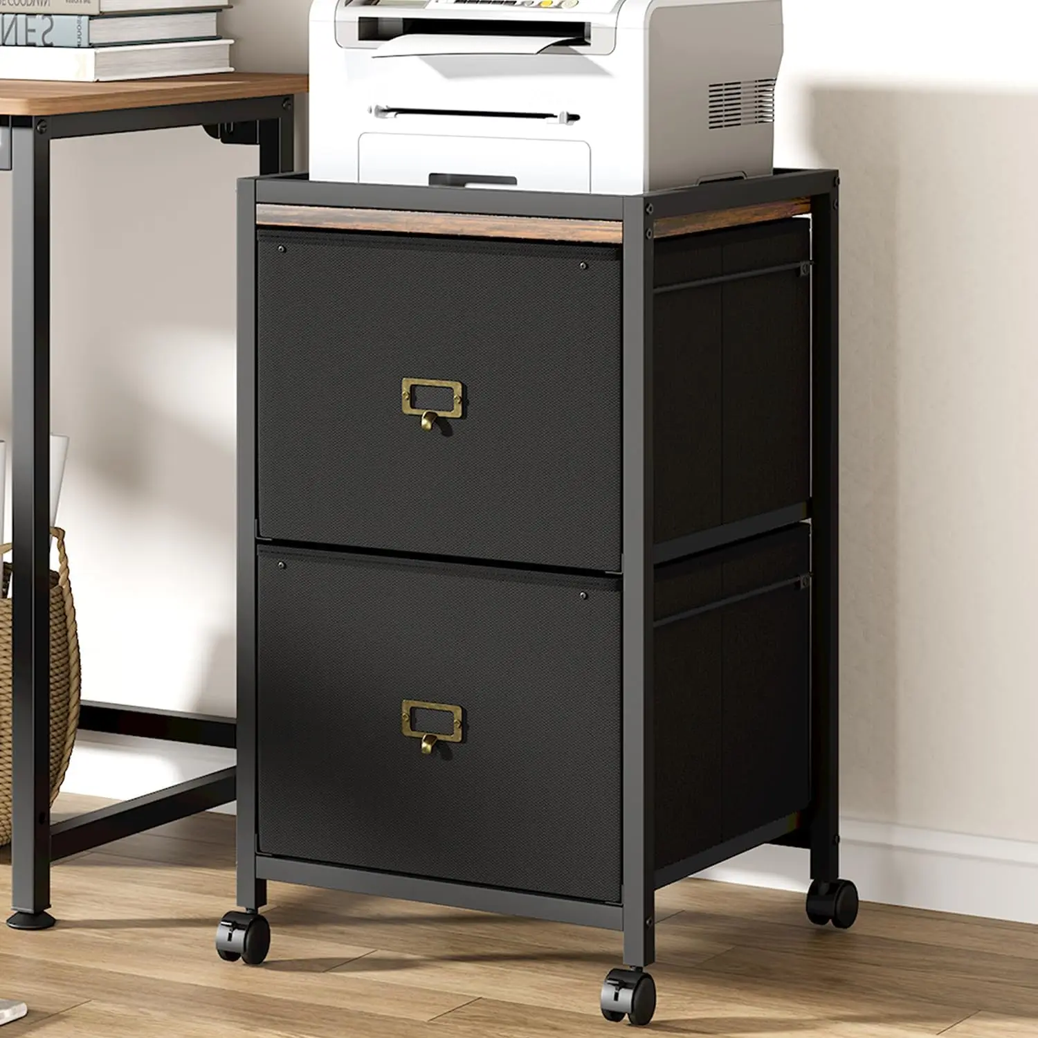GARVEE Mobile filing cabinet with 2 fabric drawers, office cabinet with 4 casters, vertical filing cabinet for A4 or letter size documents, printer stand, document organizer, 40 x 40 x 67 cm