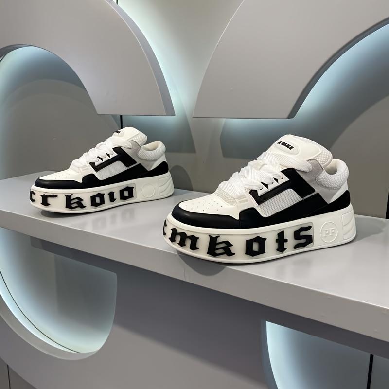 Men'S Casual "Mkots" Sneakers - Black & White Platform Skateboard Shoes with Lace-Up Closure, Non-Slip, Breathable, All-Season Comfort, Casual Walking Shoe |     Platform Sneakers |     Breathable Fabric