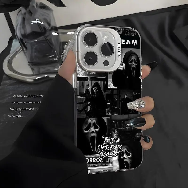 Frosted Drop-Proof Acrylic All-Inclusive Scream Ghostface Horror Black Smartphone Case - Handheld Phone Accessory for iPhone 11 12 13 14 15 16 Pro Max Plus, Durable Cellphone Protection Cover, Premium Feeling QXD306 Designer Shockproof Protector, Accessor