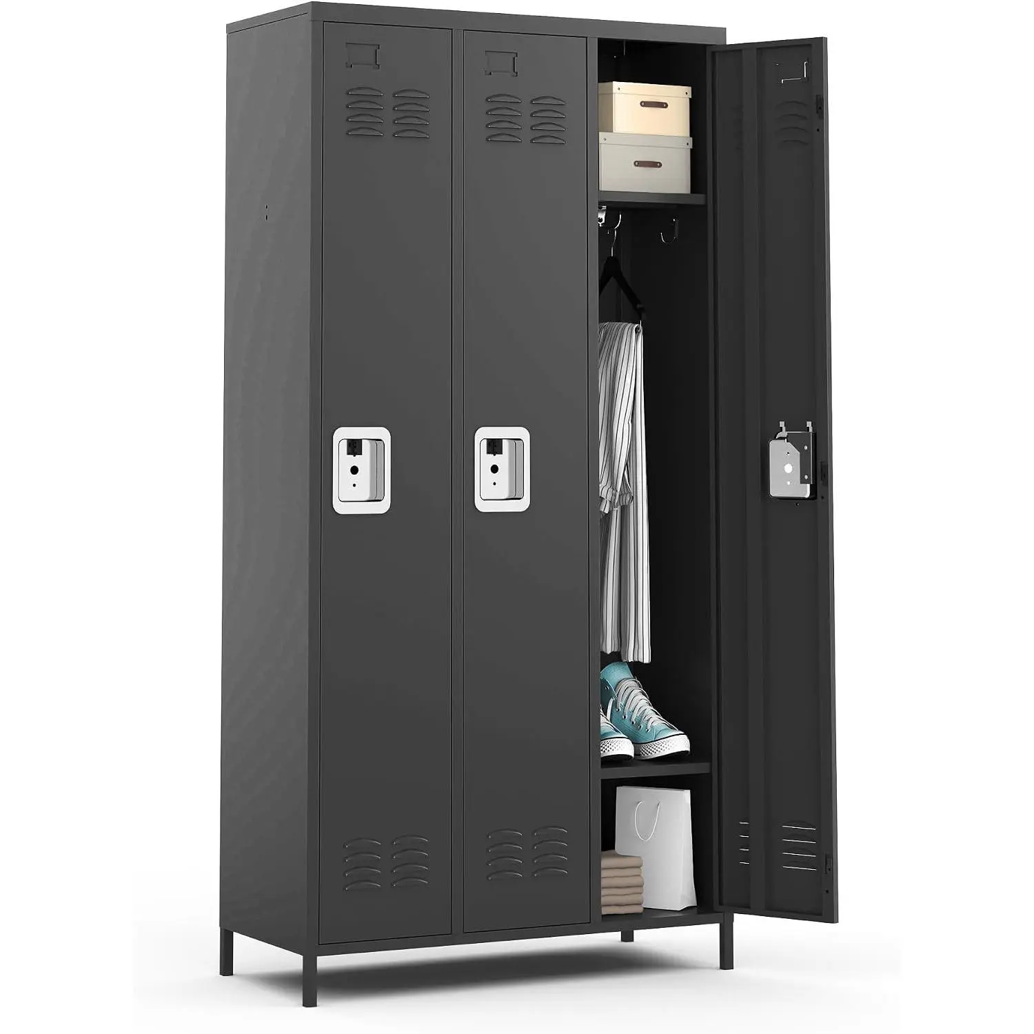 Metal Locker Cabinet with 3 Doors Combination, Storage Locker Cabinet with Lock, Employee Lockers for Home, Office, School, Gym, Assembly Required(Black)