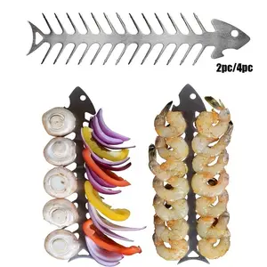 Set of 2 or 4 Stainless Steel BBQ Skewers (Fish-Bone Style) – Ideal for Beef, Chicken, Vegetable, and Shrimp Skewers; BBQ Accessories and Grilling Equipment