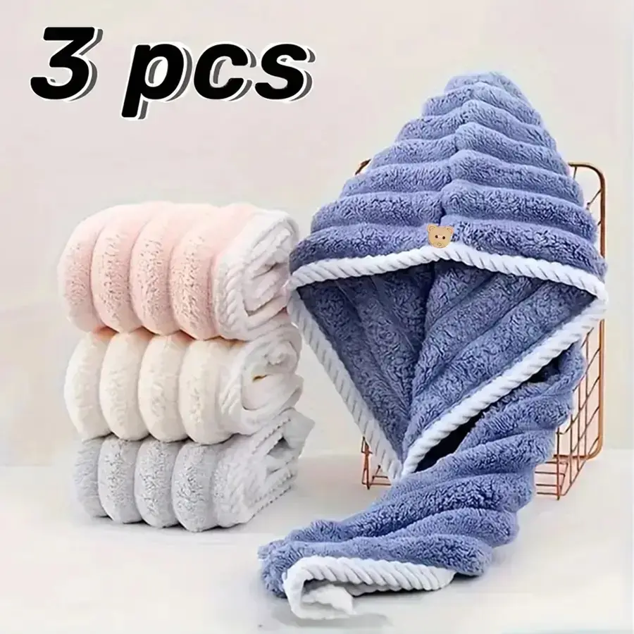 3 Pack Microfiber Hair Towel Wrap, Quick Dry Hair Turban for Women Men, Super Absorbent Anti Frizz Hair Drying Cap for Long Curly Hair, Shower Travel Essential