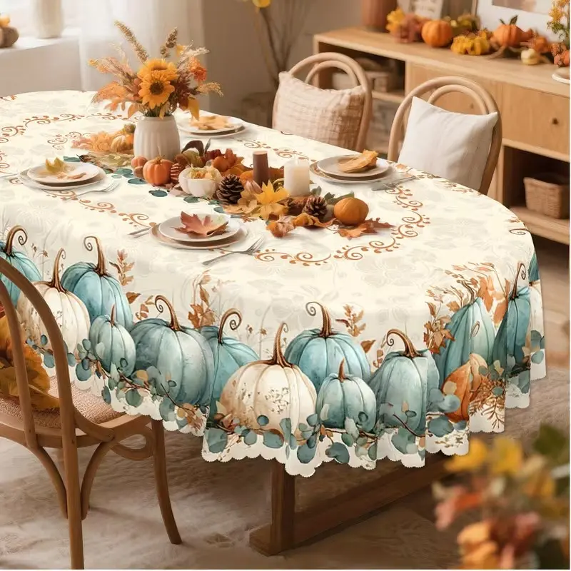 2D Flat Party Tablecloth, Autumn Oval Tablecloth, Vintage Pumpkin Leaf Polyester, Perfect for Fall and Thanksgiving Decor, Ideal Gift