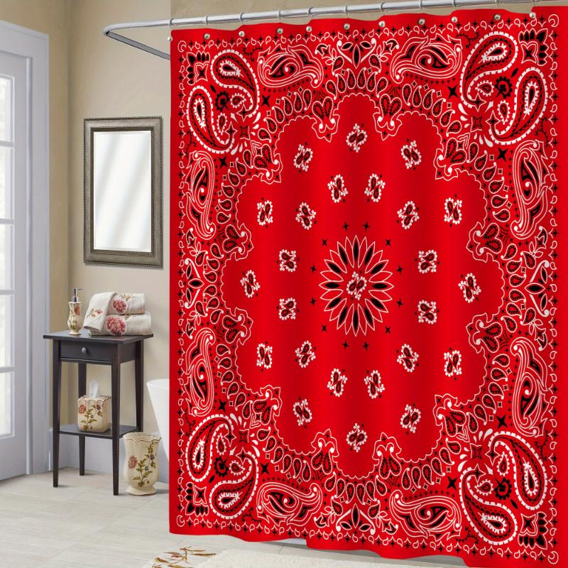 1/4pcs Red Bandanna Pattern Shower Curtain Set, Waterproof Shower Curtain With 12 Hooks, Non-Slip Bath Rug, U-Shape Mat, Toilet Lid Cover Pad, Bathroom Sets Rugs Shower Curtain Full Set, Bathroom Accessories, Home Decor