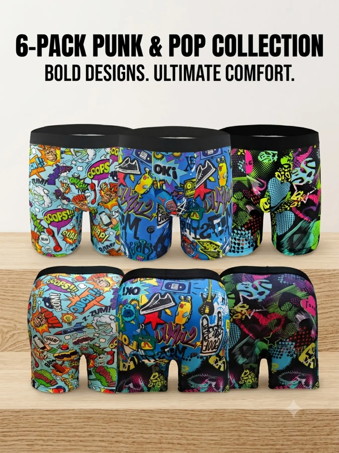 Multi-Pack Men's Cartoon Sticker Style Long Boxer Briefs, European & American Trendy Fun Design, High Elastic Waist Trunk, Casual Loose Fit