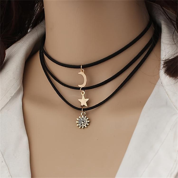 3-Piece Elegant Vintage Copper Planet Necklace, Sun, Moon and Star Pendant, Ladies Layered Minimalist Necklace Jewelry, Perfect for Daily and Party Wear, All Season Accessories