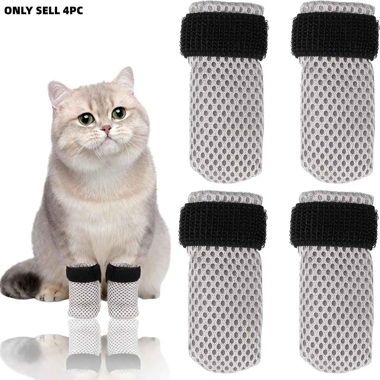 Adjustable Pet Cat Kitten Dog Boots, Anti-Scratch Gloves, Breathable Mesh Paw Protectors, Non-Slip for Bathing, Nail Trimming, Injection
