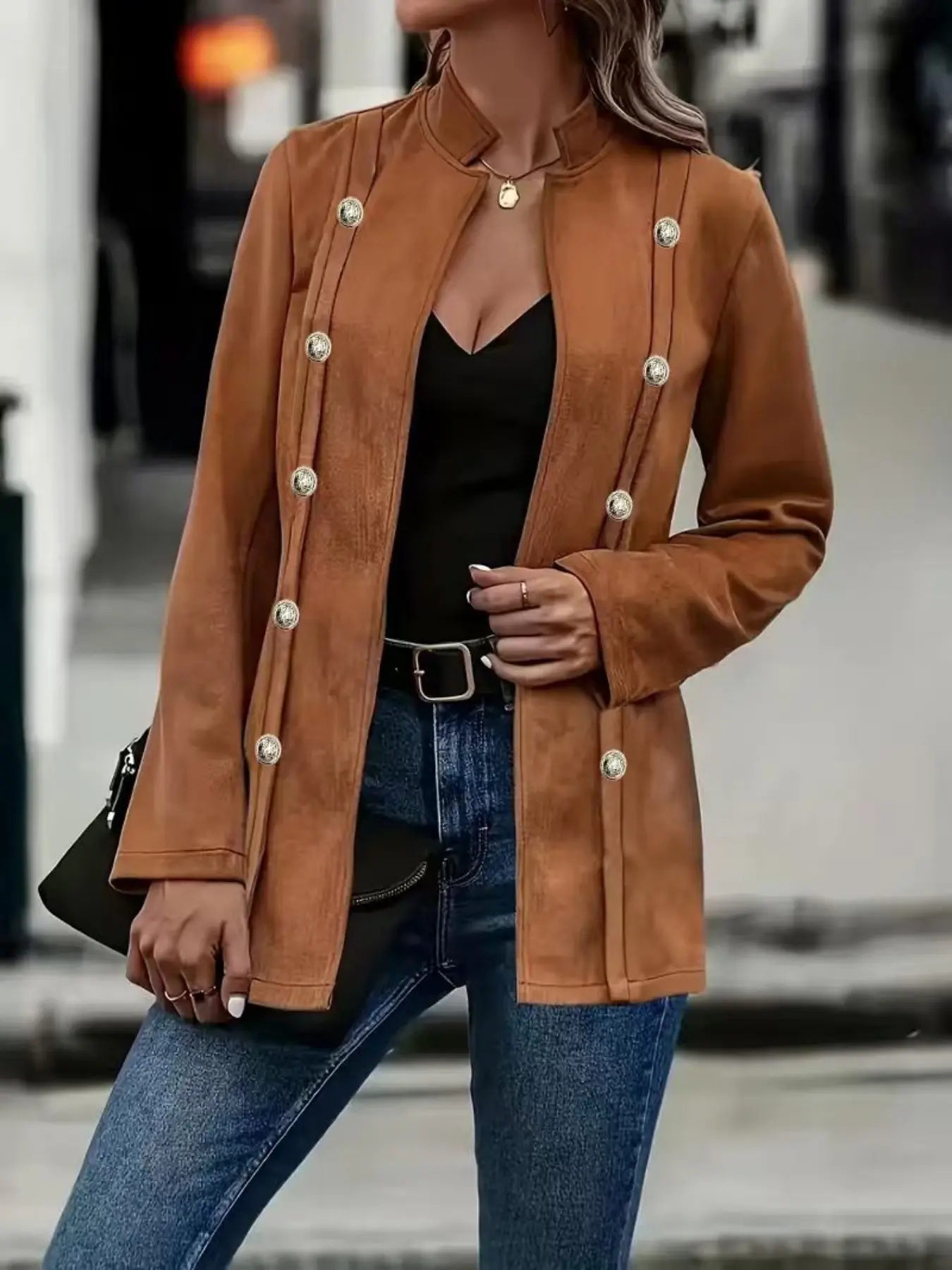 Women's Spring Fall Fashion Versatile Stand Collar Double Button Suede Long Sleeve Coat, Stylish Daily Wear Outerwear for Ladies