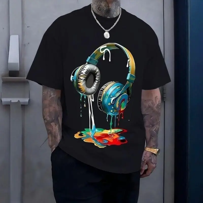 Artistic Headphones CVC Cotton T-Shirt, a versatile street-style casual men's top that pairs well with jeans and beige pants. It is a fashionable t-shirt, featuring a round neck and short sleeves, suitable for tropical shoe styles.