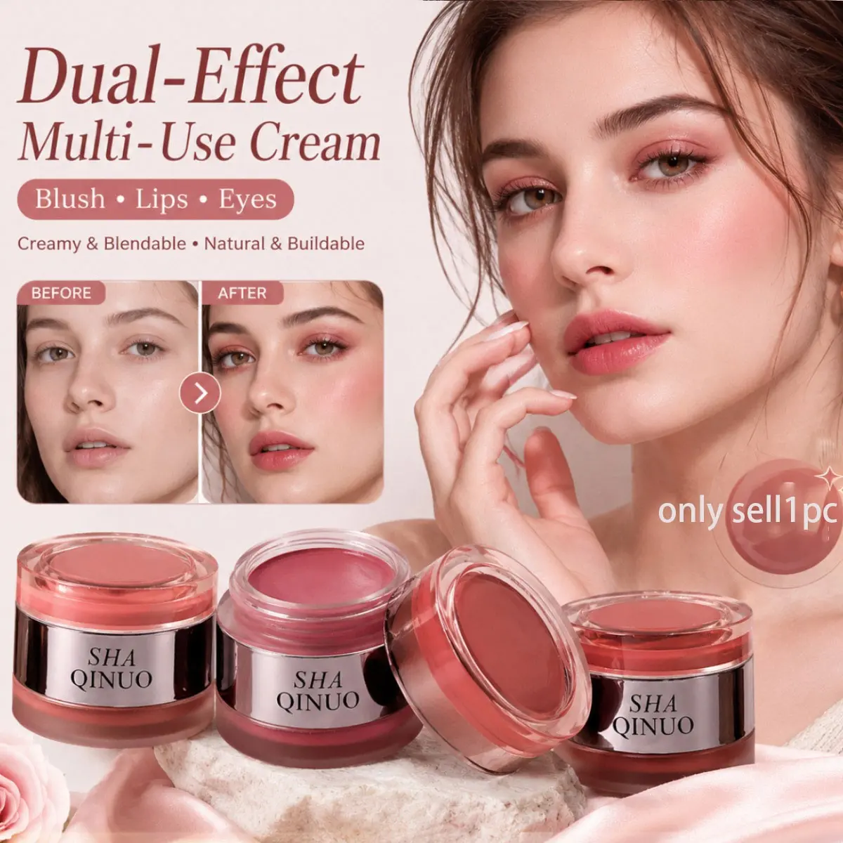 Kshaqinuo Dual-Effect Multi-Use Balm, Lip and Cheek Color, Matte Finish, Hydrating Glossy Lip Glue, Korean Style Blush, Daily Use, Moisturizing, Cosmetics