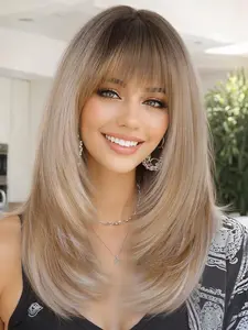 Omber Blond Straight Layered Wig with Bangs for Women 16 inch Put on Go Realistic Synthetic Heat Resistant Natural Wig for Girls Party Cosplay and Daily Use