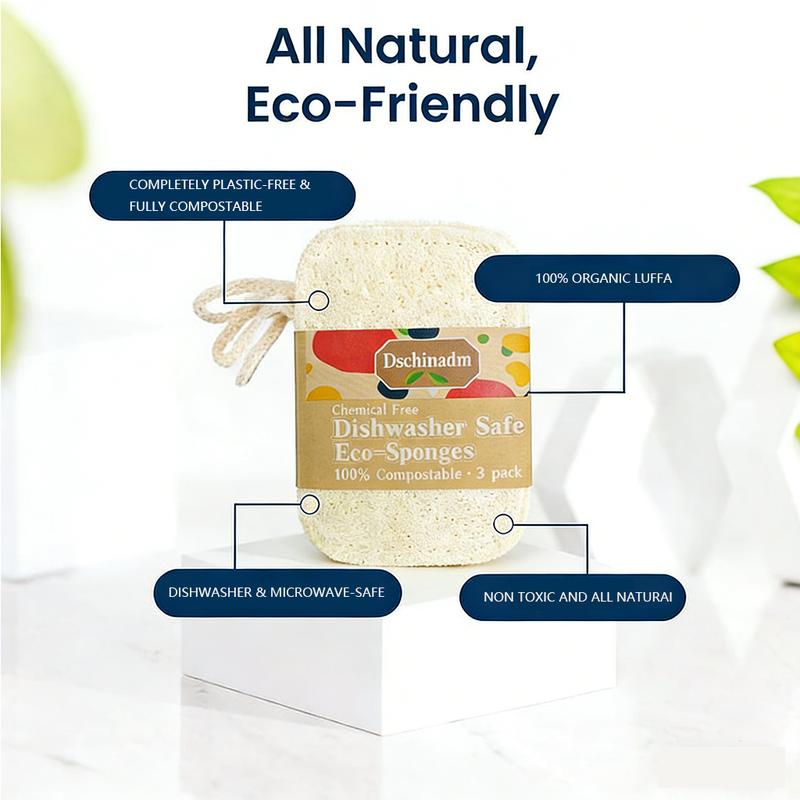 3-Pack Natural Luffa Cleaning Sponges | 100% Organic, Compostable & Non-Scratch | Plant-Based Scrubber for Dishes & Vegetables, 4.4x2.8 Inches