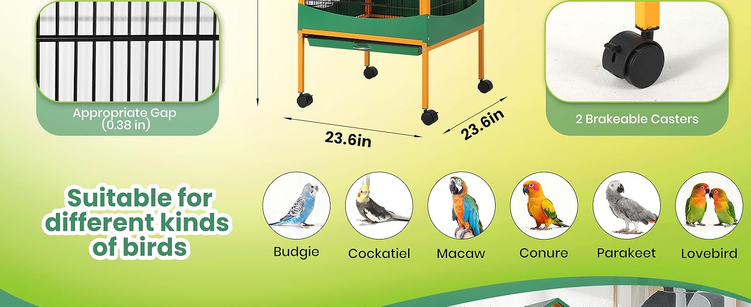Bird Cage, 66''H Extra Large Bird Cage, w/Removeble Tray, Waterproof Roof, Easy to Clean, Lockable Caster, Indoor& Outdoor Application for Conure,Macaw,Budgie,Cockatiel,Lovebirds,Parakeet