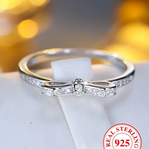 S925 Sterling Silver Bowknot Design Artificial Zircon Decor Promise Ring, Pave Engagement Ring for Women, All-match Jewelry for Birthday Gift, Fashion Engagement Rings, Unique Gifts for Women, Engagement Wedding Rings, Beautiful Rings