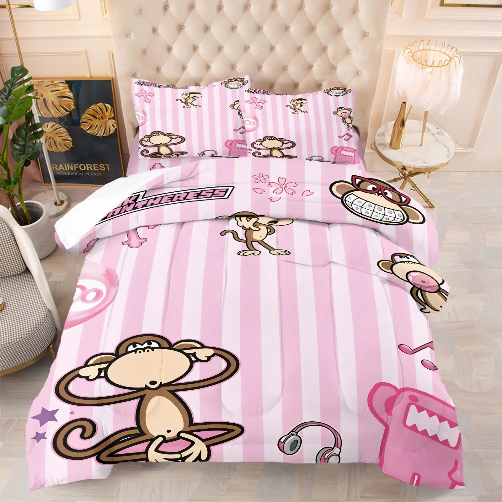 Pink White Striped Cute Cartoon Monkey Comforter Set, 1 Comforter + 1-2 Pillowcases, Funny Monkey Headphone Music Element Repeat Print, Soft Cozy Breathable Microfiber Washable Bedding, Kawaii Cartoon All Season Bedroom Quilt Set