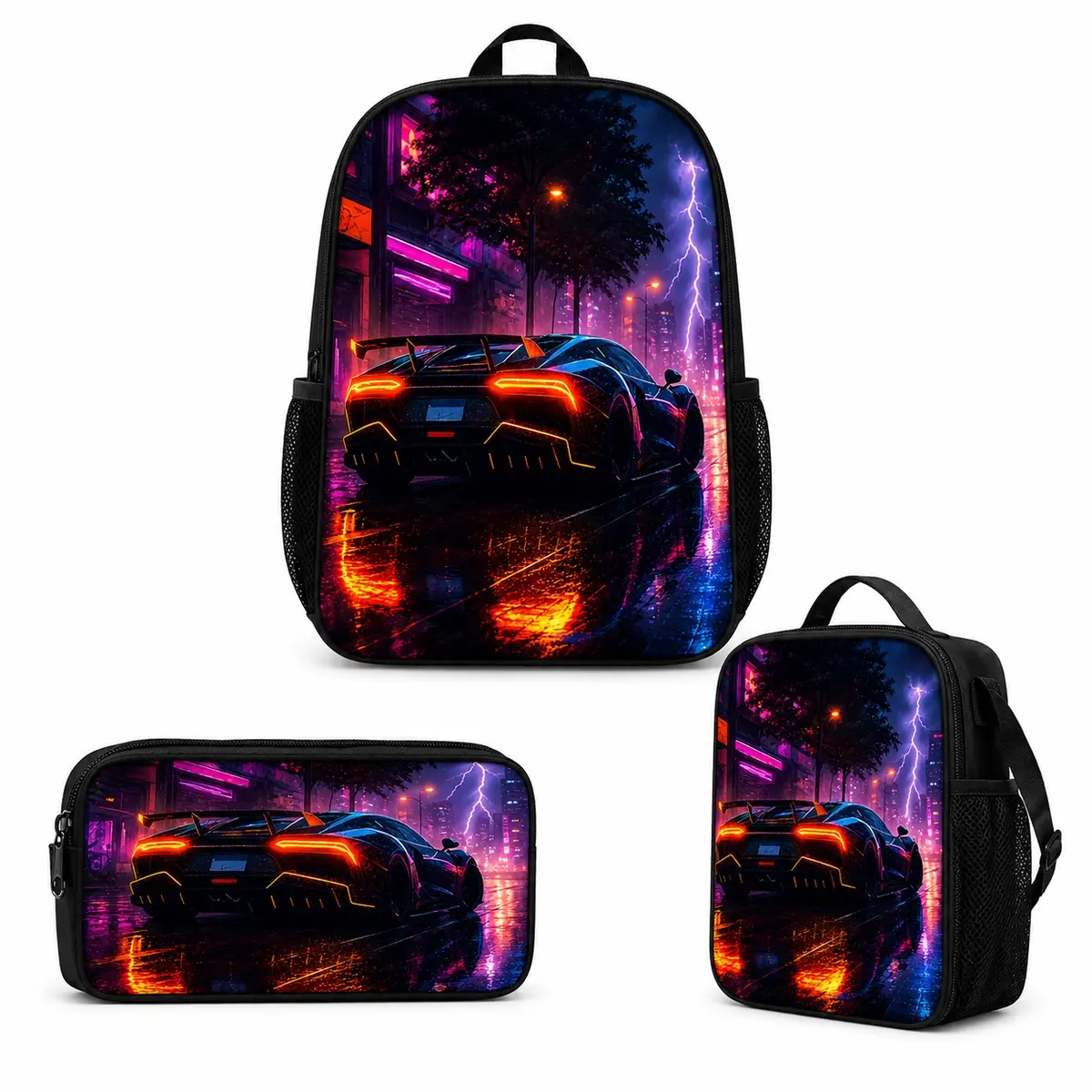 3-Piece Neon Sports Car Backpack Set for Boys Kids & Teens, Racing Car School Backpack with Matching Lunch Bag and Pencil Case, Cyberpunk Bookbag, Back to School Essentials, Student Travel Daypack, Cool Car Lover Gift