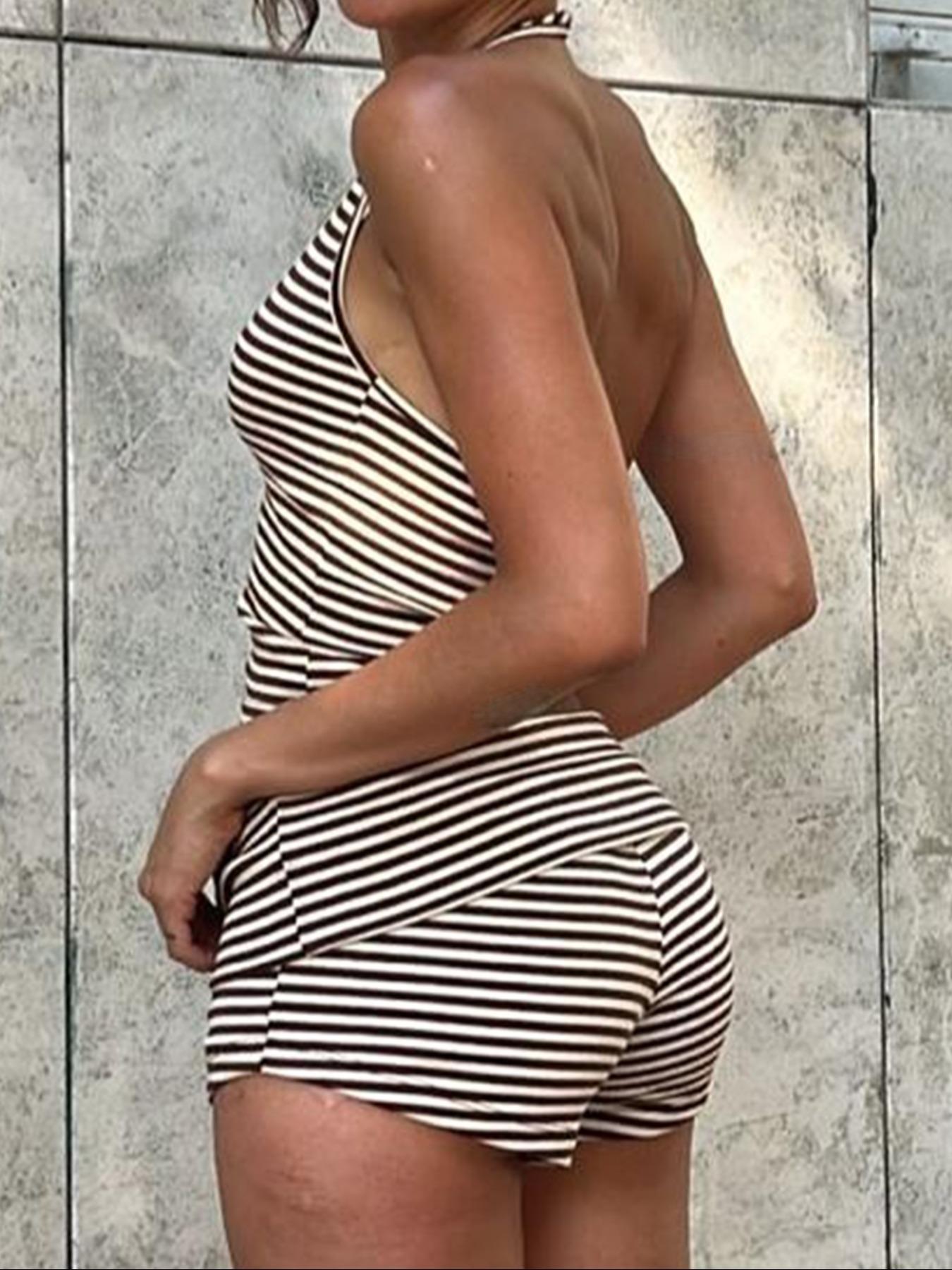 Women's Casual Striped Halter Neck Crop Top & Shorts Set, Summer Fitted Two-Piece, Regular Length, Moderate Fabric Thickness, Womenswear