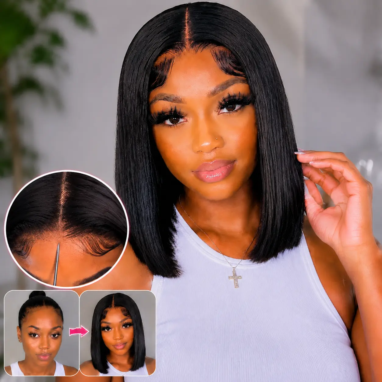 Straight 4x4 Glueless Bob Wig Human Hair Pre-Pluck Lace Closure Wig with Perfect Hairline Real Virgin Human Hair Wig Wear & Go No Glue Needed Straight Glueless Wig Beginner Friendly Natural Hairline and Soft Silky Human Hair Bob Wig for Black Women