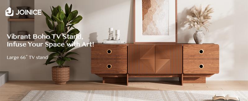 66" Fluted TV Stands for Living Room, Mid Century Modern TV Consoles for 75 inch TV, Entertainment Center with Storage, Media Console with Adjustment Shelf(Cherry)