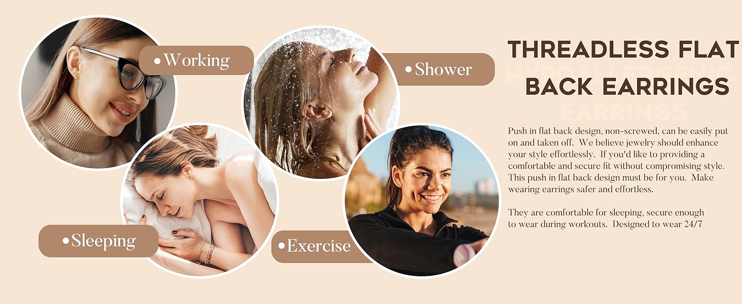 Exquisite Small Flat Back Earrings,Push in Stud Earrings for Women Men,Hypoallergenic 14K Gold Plated Surgical Stainless Steel Threadless Earring,Flatback Stud Hoop Cartilage Earring Set for Multiple Piercing