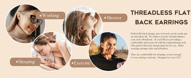 Exquisite Small Flat Back Earrings,Push in Stud Earrings for Women Men,Hypoallergenic 14K Gold Plated Surgical Stainless Steel Threadless Earring,Flatback Stud Hoop Cartilage Earring Set for Multiple Piercing