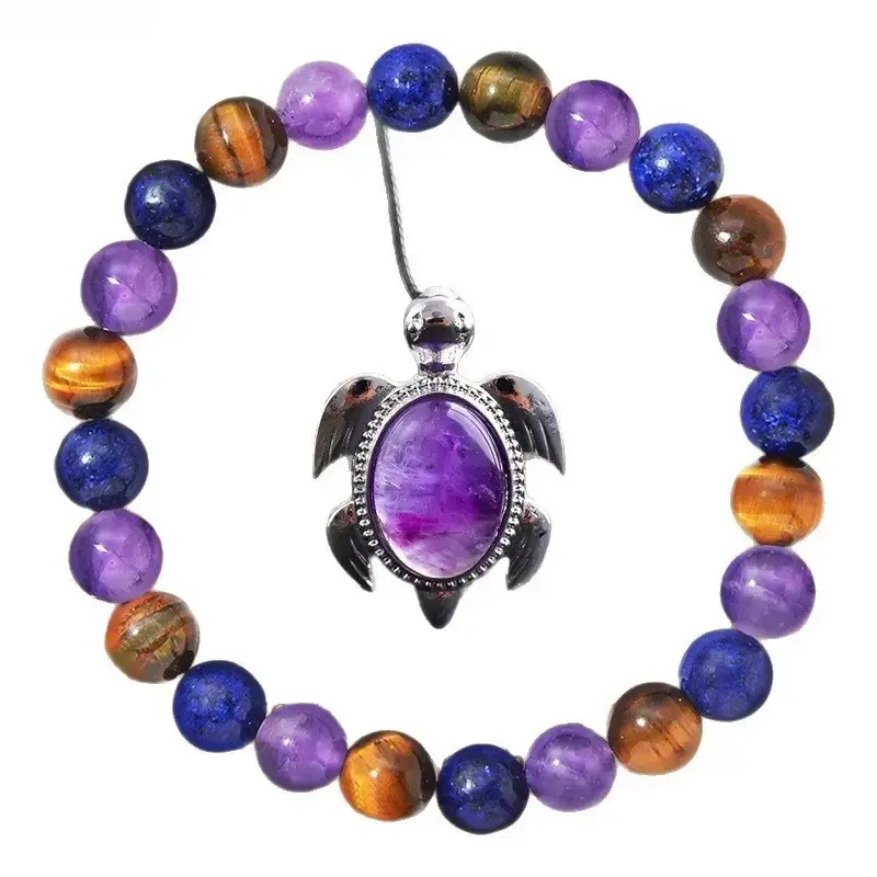Boho Ocean‑Theme Beaded Bracelet for Adults, Mixed Amethyst & Lapis Lazuli Beads With Sea Turtle Charm, Exquisite Summer Fashion Jewelry for Beach Lovers sohochic