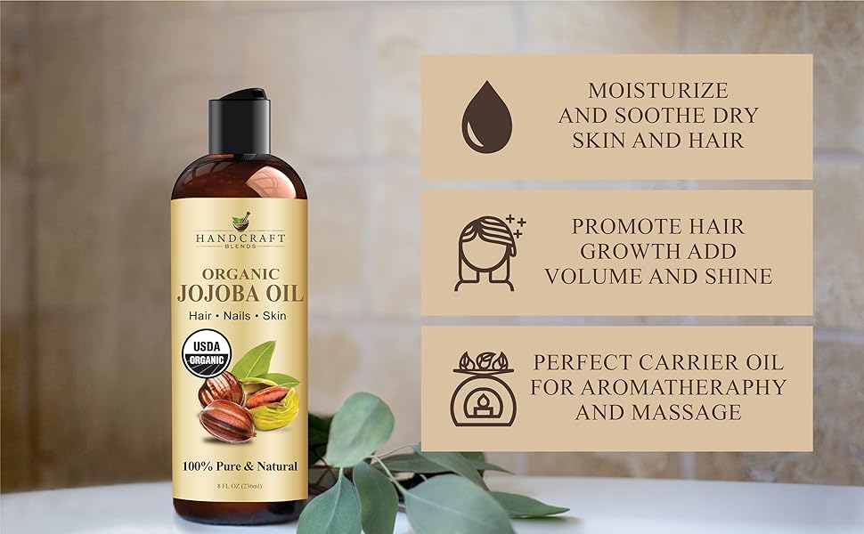 USDA Organic Jojoba Oil - Cold-Pressed 8 Fl Oz - 100% Pure and Natural - Premium Grade Carrier Oil for Skin and Hair - Hair and Body - Massage - Hexane-Free Gentle Moisturizer Moisturizing Apricot Avocado Coconut Herbal Vitamins Moisture Cosmetic