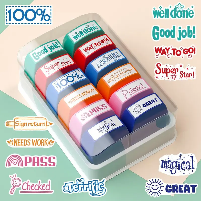 Colorful Stamp Set, 12pcs/set Self-inking Stamp with Storage Tray Organized, Teacher Grading Stamp, Encouragement Stamp, Teachers Tool for Home School Office Classroom Use Mark Student Work Positive Reinforcement, Checked, Way to go, Well Done