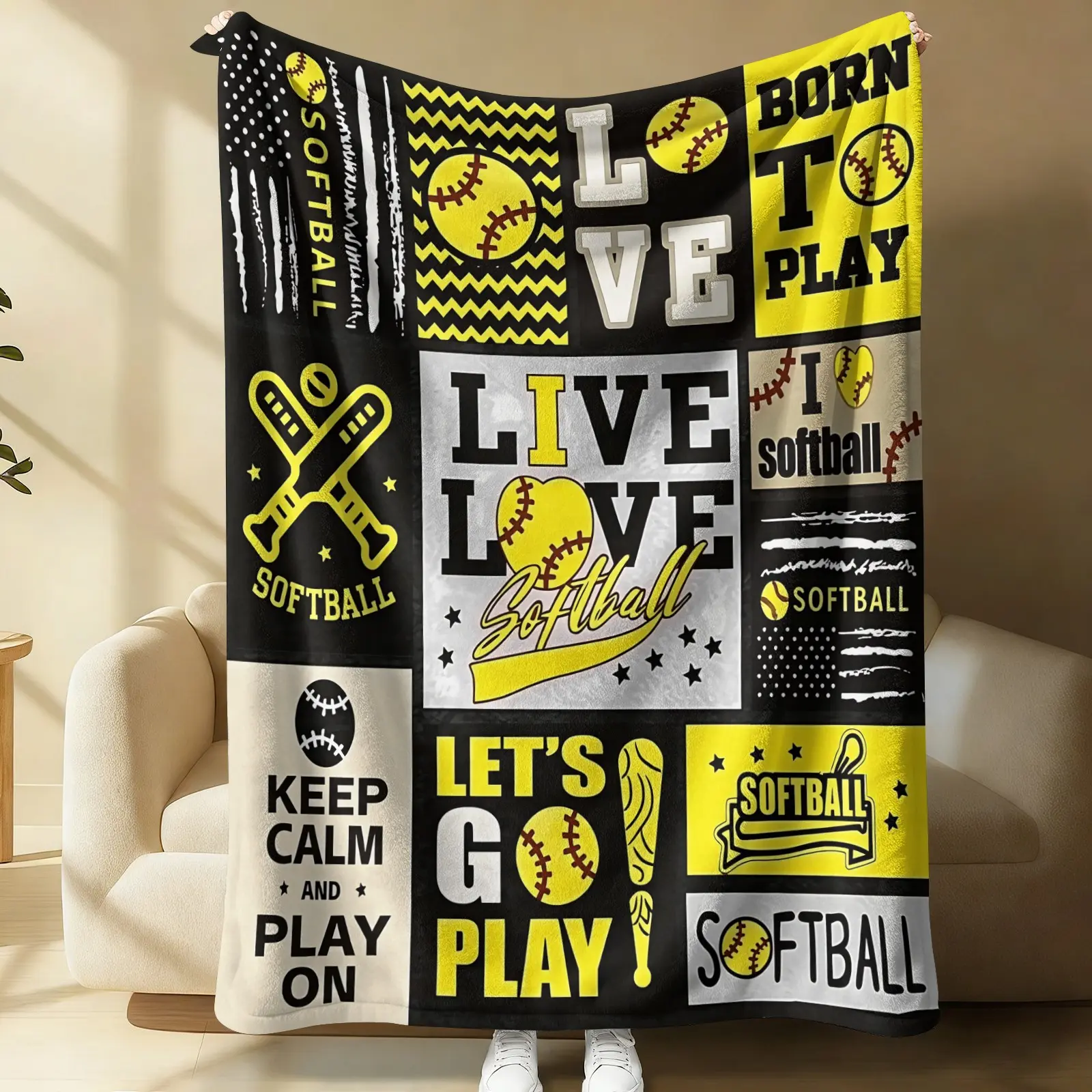 Softball Theme Flannel Blanket, Black White Yellow Campus Sports Elements Nine-Grid Collage, Soft Cozy, Perfect for Sofa Cover/Nap Mat/Car Throw/Dorm Warm Blanket/Home Decor,Gift for Fans and Athletes