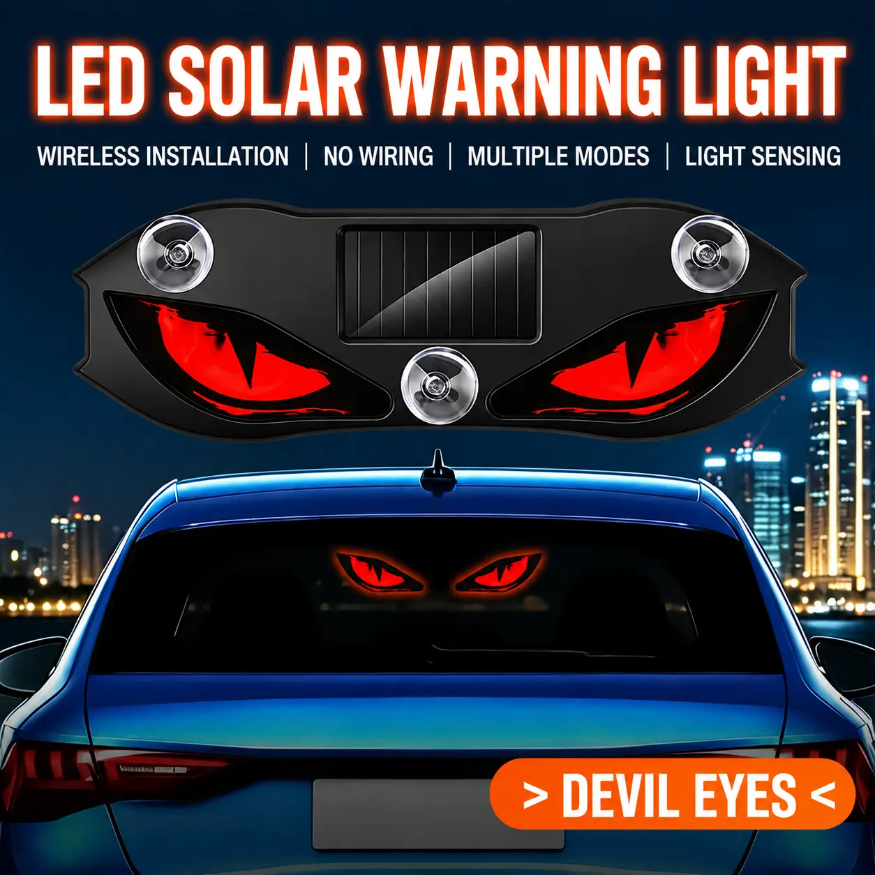Solar Car Demon Eye LED Atmosphere Light, Wireless Suction-Cup Dynamic Expression Light / Windshield Ambient Light, Type-C Rechargeable Car Window Decorative Light, for Cars, Trucks, and SUVs