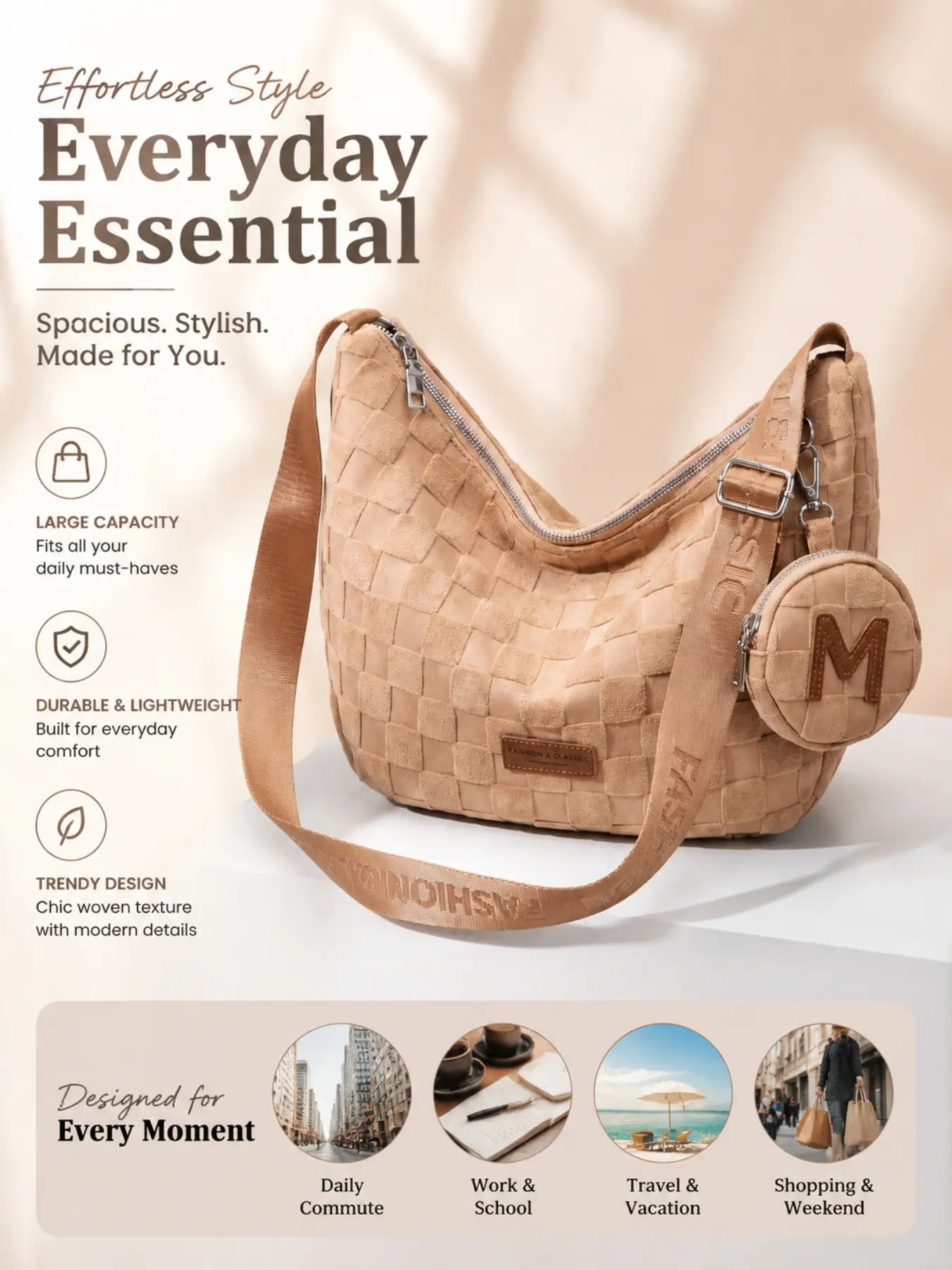 Women's Woven Crescent Hobo Bag, Checkerboard Shoulder Bag with Coin Purse, Large Capacity Crossbody Handbag with Zipper Closure, Trendy Casual Everyday Purse for Work, School, Travel, Shopping & Weekend, Minimalist Y2K Fashion Style