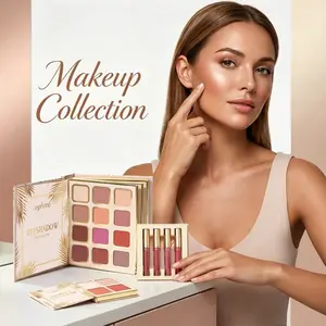 Foldable All In One Tropical Gold Makeup Palette, 12 Shades Matte Eyeshadow + Blush Highlighter + 4pcs Matte Liquid Lipstick Set, Blendable Nude Warm Tones Portable Travel Makeup Kit For Daily Latte Glow Looks, Beginner Friendly Long Lasting Buildable Pig
